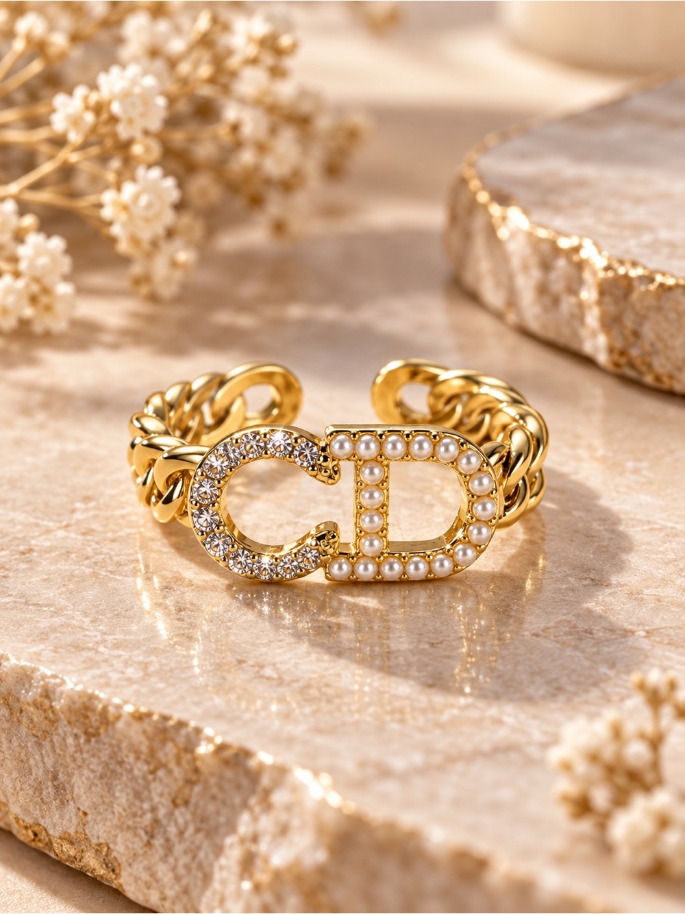 Gold Open Adjustable CD Style Chain Ring Rhinestone Pearl Statement